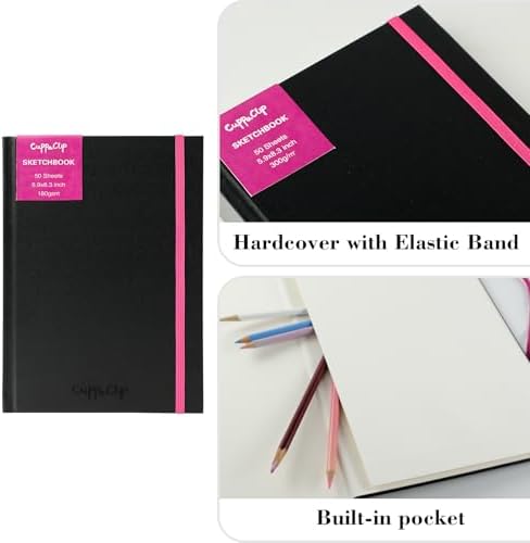 CuppaClip Sketch Book Hardcover Drawing Pad 300GSM Acid-Free Paper Spiral Bound Sketchbook 50 Sheets/100 Pages Art Supplies (Hardcover, 4x5.9in)