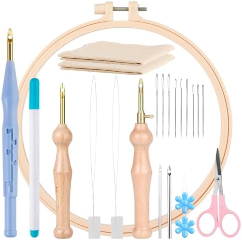 MSDADA 21PC Punch Needle Kit, Adjustable Punch Needle Tool, Wooden Handle Embroidery Pen Kits, Hoops, Cloth, Punch Needle Set Adults Beginner for DIY Craft, Perfect for Decoration and Gifts(Blue)