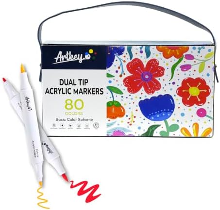 Artkey Acrylic Paint Markers 80 Colors, Dual Tip Acrylic Paint Pens with Brush and Fine Tips, Acrylic Markers Set for Rock Painting, Wood, Canvas, Glass, Ceramic, Stone, Fabric, Plastic, DIY Crafts