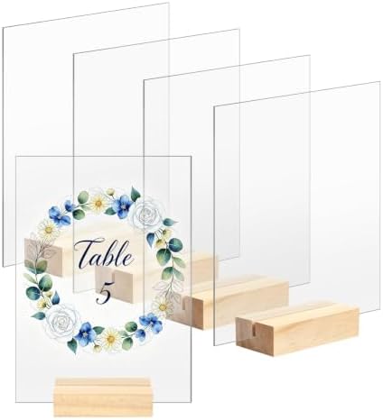 Bercoor 5 Pack 5x7 Inch Blank Clear Acrylic Sign with Wooden Stands, Rectangle Top Acrylic Sheet, DIY Acrylic Rectangle Table Numbers for DIY Name Card Gifts Event Party Sign Decoration