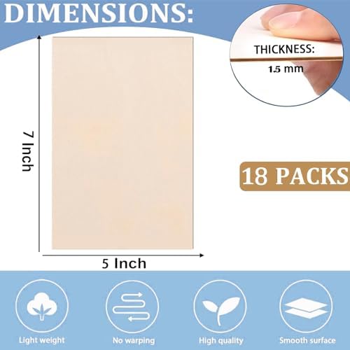 18 Pack Selected Basswood Sheets for Crafts-5 x 7 x 1/16 Inch- 1.5mm Thick Plywood Sheets - Balsa Wood Sheets -Unfinished Wood Boards for Laser Cutting, Wood Burning, Architectural Models, Staining
