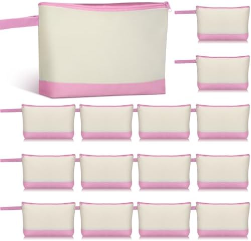 Silkfly 15 Pcs Cotton Canvas Makeup Bags Cosmetic Zipper Bags 10.2 x 5.5 x 2'' Blank DIY Pouch Bulk Pencil Case with Bottom Travel Toiletry Pouch for Women Craft Decor Gift (Beige and Pink)