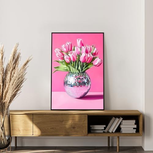 Framed Paint by Numbers Kit for Adults, Disco Ball & Flower Decor 8x12 Inch