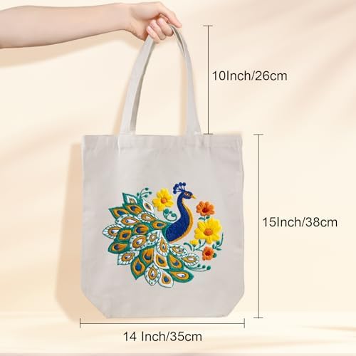 Louise Maelys Peacock Flower Embroidery Kit for Beginners Canvas Tote Bag