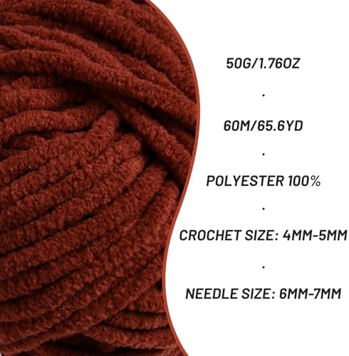 Plush Chenille Chunky Crochet Yarn - Baby Yarn for Crocheting Soft - Velvet Yarns Knitting for Blankets Crafts - Fluffy Amigurumi Yarns 50g / 65.6yd (Coffee)