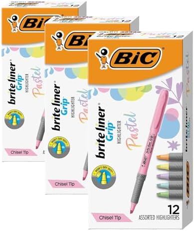 BIC Brite Liner Grip Pastel Highlighter Set, Chisel Tip, 12-Count Pack of Pastel Highlighters in Assorted Colors, Cute Highlighters for Bullet Journaling, Note Taking and More (Pack of 3)