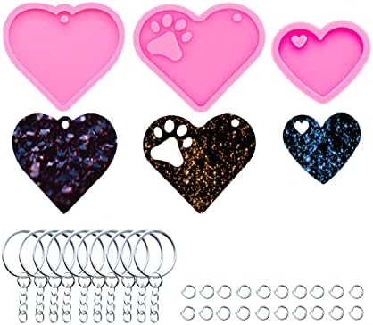 3pc Glossy Resin Silicone Paw Print Molds DIY Making Keychain, Heart t Mould Epoxy Mold with 10PC Key Ring(DY00136+DY0404+DY0405)