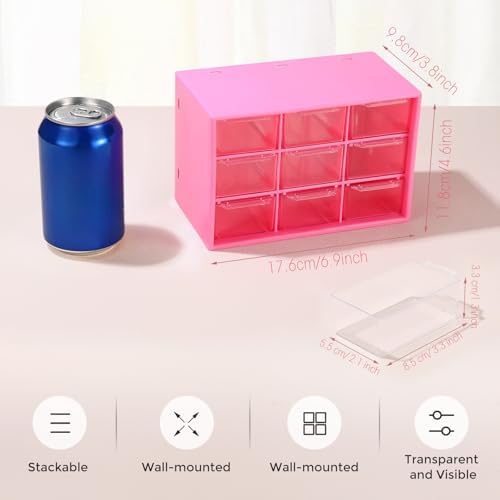 Marsui 4 Pack Desktop Storage Organizer with 9 Drawers Craft Organizer with Mini Drawers Plastic Organizers and Storage Containers for Craft Art Jewelry Cosmetics Sewing Supplies Accessory(Rose Pink)