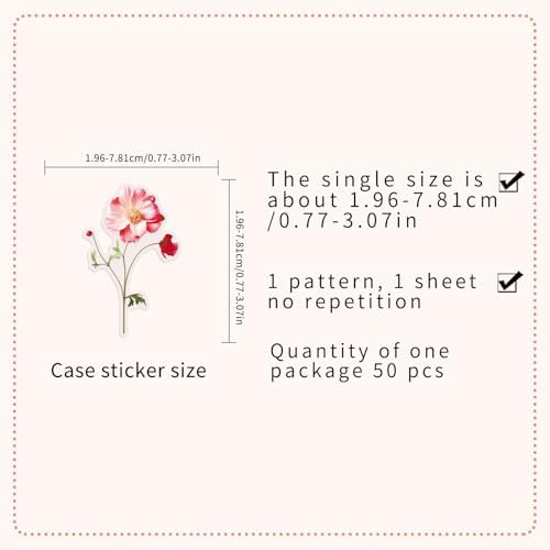 50PCS PET Transparent Floral Stickers, Waterproof Vinyl Fresh Flower Decals for Laptop, Luggage, Skateboard, Phone, Fridge, Trendy Stickers for Teens, Adults, Boys and Girls（Floral）