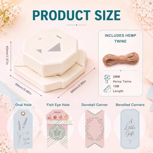 Lewtemi 4-in-1 Craft Tag Punch with Rope, Gift Tag Paper Punches for DIY