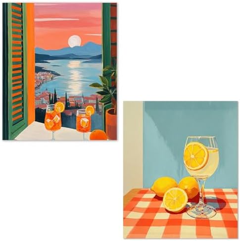 XUNLURY Amalfi Coast Cocktail Diamond Art Kits 2 Pcs, Mediterranean Coastal Sunset Diamond Painting Kits for Adults Beginners, Full Drill Diamonds Dots for Home Decor, 9.8x11.8 Inch