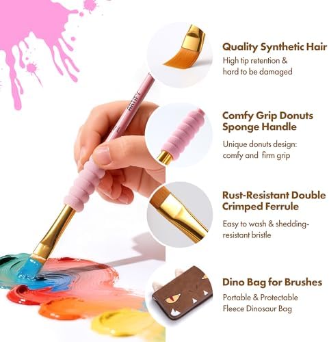 Artify Paint Brushes for Kids, 15-Sizes Paint Brush Set for Kid's Art and Crafts, Cute Dino Bag | Ergonomic Donuts Handle | Kids Paint Brushes for Acrylic, Oil, Watercolor, Gouache, Paint by Numbers