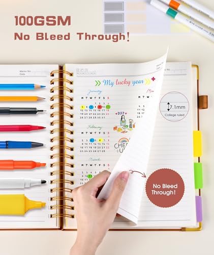 Hardcover Spiral Notebook Journal with Removable Dividers Tabs, 300 Pages Leather 5 Subject Notebook College Ruled, 8"x10" Large B5 Notebooks for Work School, Lined Journal for Women, Light Brown