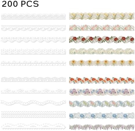 200 Pcs Vintage Lace Stickers for Kpop Photocard Deco | 100 White & 100 Colorful PET Border Stickers | 0.6 x 6 Self-Adhesive Lace Frame Stickers for Toploaders, Journaling, Scrapbooking & DIY Crafts