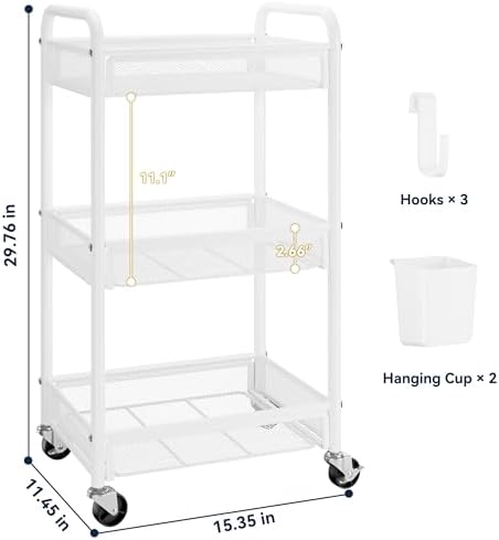 YASONIC 3 Tier Metal Rolling Cart, White Utility Storage Cart with Wheels | Metal Mesh Craft Cart With Hooks & Hanging Cups, Ideal For Kitchen, Bathroom, Office, Dorm, Art Workspace, Bedside Storage