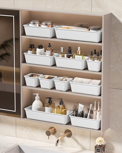 KEMETHY 25 PCS Plastic Drawer Organizers Set, 4 Sizes Vanity Organizer, Makeup and Desk Drawer Organizer Trays, Organization and Storage for Makeup, Bathroom, Kitchen Utensils and Office (White)