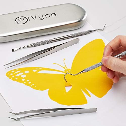 Premium Vinyl Weeding Tool Kit - Precision Stainless Steel Weeder - Hook and Pick with Fine Tweezers Crafting Set for Cricut Vinyl - by iVyne (Silver)