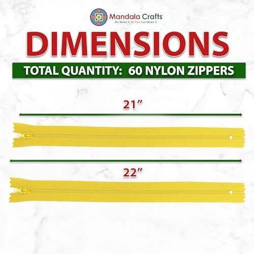 Mandala Crafts 60 Mustard Yellow Closed-End 22" Nylon Zippers for Sewing