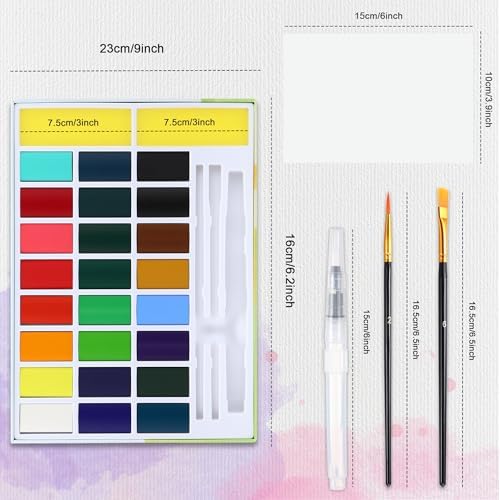 24 Colors Large Block Watercolor Paint Set for Watercolors Workbook, Portable Water Colors Paint Kit with 2 Paintbrushes 1 Waterbrush, for Adult Painting Beginners & Professional Amateur Hobbyists