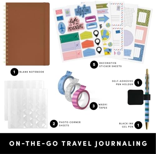 PAPERAGE Travel Journal Kit, Travel Notebook & Scrapbook Set, Hardcover Blank Spiral Notebook, 5 Sticker Sheets, 2 Photo Corners, 3 Washi Tapes & Black-Ink Gel Pen with Pen Holder - Cognac