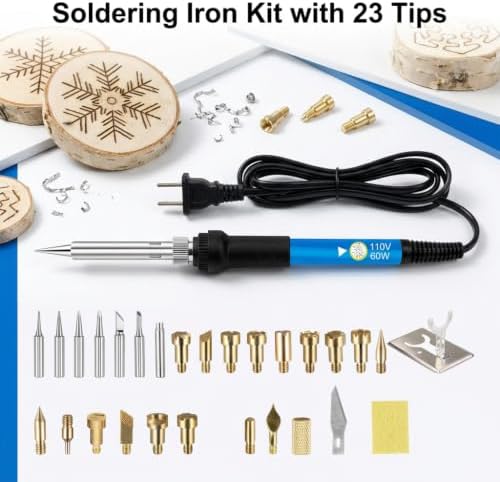 Wood Burning Kit, Adjustable 6 Temperature Pyrography Tool, 60W Iron with 5 Tips & Sponge for DIY Wood Crafts, Wood Art & Pyrography, Ideal for Detailed Shading & Designs (Brass, 30-Piece Set)