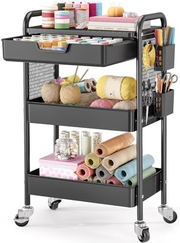 KINGBOARD 3 Tier Metal Rolling Cart with Drawer, Black Utility Storage Cart | 2 Cups & 4 Hooks, Lockable Wheels, Trolley Organizer for Bathroom, Kitchen, Office, Nursery, Dorm, Laundry, Craft Room