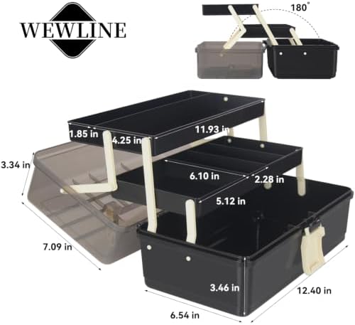WEWLINE 13-Inch Art Storage Box 3-Layers Plastic Storage Box with Handle Craft Art Bin Portable for Home School Office Travel, Black