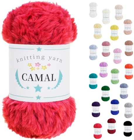 CAMAL Soft Faux Fur Yarn for Crocheting Blanket, 65 Yards Chunky Eyelash Yarn for Knitting Hats, 100 Grams Fuzzy Velvet Crochet Thread for Dolls, Earmuffs, Bags (Watermelon red)