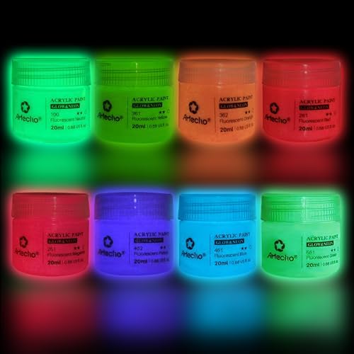 Artecho Glow in the Dark Acrylic Paint Set, 8 Colors x 20ml (0.7oz) | Non-Toxic, Waterproof, For Canvas Rock Wood Fabric, Rich Pigment, For Adults & Hobbyists