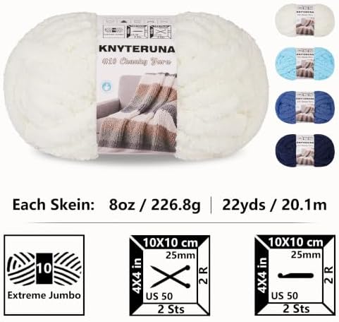 Chunky Yarn for Hand Knitting, #10 Chunky Blanket Chenille Yarn, Large Bulky Thick Jumbo Yarn, Super Chunky Knit Yarn for Crocheting, 8 Skein (8 oz 22 yds Each Skein), White & Multi Blue