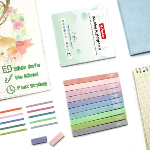 Vitoler Bible Highlighters,Aesthetic No Bleed Bible, Soft Chisel Tip,10Pcs | Assorted Color,Cute Pastel,high quality for bible study,books,journal,writing,school office