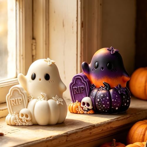 Wehous Halloween Resin Molds, Cute Ghost Pumpkin Candle Soap Mold, Halloween Ornament Silicone Molds for Epoxy Resin Casting Clay, 3D Pendant Keychain Wall Hanging Craft Mold (Grave Ghost Pumpkin)