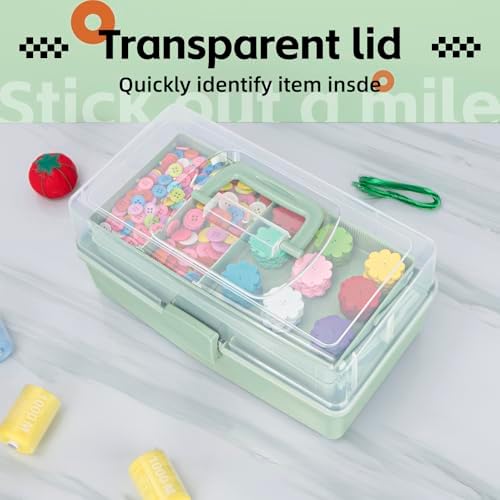 TERGOO 12.5in 3-Layer Multipurpose Craft Organizers and Storage with Adjustable Dividers, Portable Tackle Box, Folding Art & Craft Case for Medicine, Tool, Sewing Organizer (Haze Green)