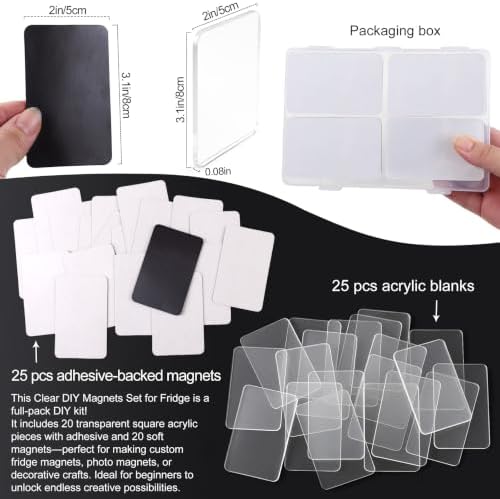 25 Pcs DIY Acrylic Fridge Magnet Kit Rectangle Fridge Magnet Craft Set with Adhesive Backing Make Your Own Magnet Kit for Photo Office Classroom Cabinets Kitchen 2 × 3.15 Inch