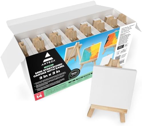 ARTEZA Small Canvases for Painting with Easels, Pack of 14, 3 x 3 Inches, Blank White Canvas for Painting, Art Supplies for Acrylic, Oil and Gouache