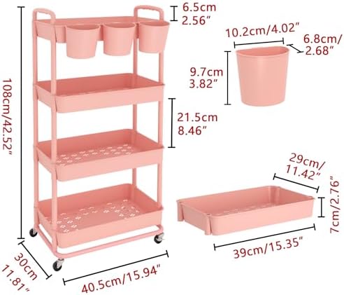 JIUYOTREE 4-Tier Plastic Rolling Storage Cart Utility Cart with Extra Hanging Cups Handles Lockable Wheels for Living Room Bathroom Kitchen Office Pink
