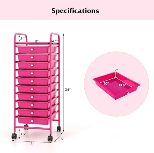 Storage Cart, Rolling Utility Cart with 10 Drawers, Portable Handles & Lockable Wheels, Mobile Paper Toys Storage Organizer Large Capacity for Home Office School Teacher (Hot Pink)