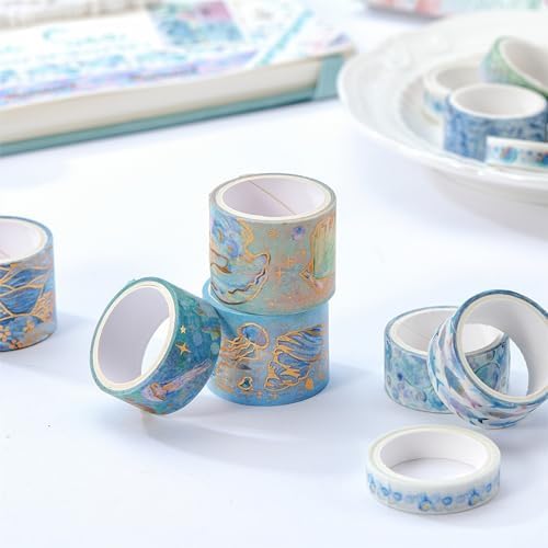 Marine Life Washi Tape Set 24 Rolls Gold Silver Foil Masking Underwater World Graphic Decorative Tapes for Arts, DIY Crafts, Journals, Planners, Scrapbook, Wrapping