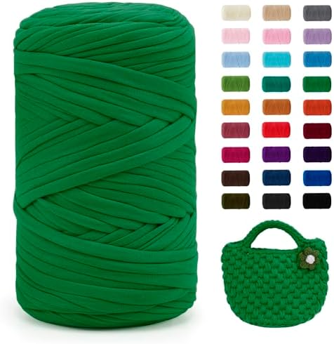 JeogYong T-Shirt Yarn, 400g/131 Yards Elastic Fabric Crochet Cloth T Shirt Yarn, Thick Hand Knitting Polyester Fabric Ribbon for Crocheting Bags/Baskets/Rugs, Home Decor, DIY Crafts (Grass Green)