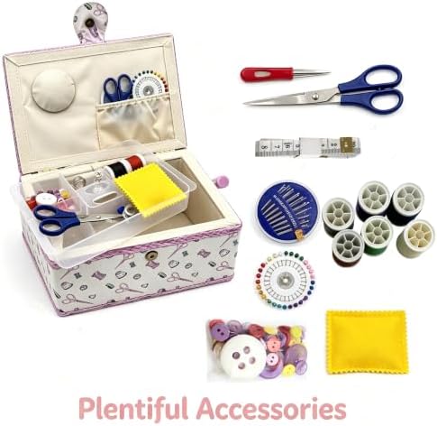 Sewing Box with Accessories Set, Fabric Floral Craft Storage Organizer Basket for Women & Girls, Portable Sewing Kit for Beginner, Travel, Mending, Embroidery Supplies