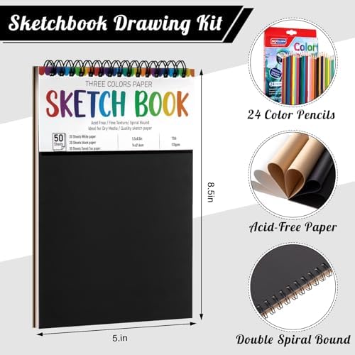 120gsm Sketch Book for Kids, 50 Sheets Spiral Sketch Pad with 24 Pencils