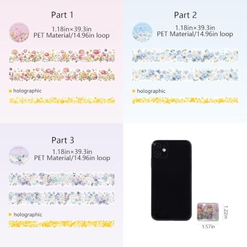 PET Tape Stickers for Journaling Supplies,Flower Scrapbook Stickers for DIY
