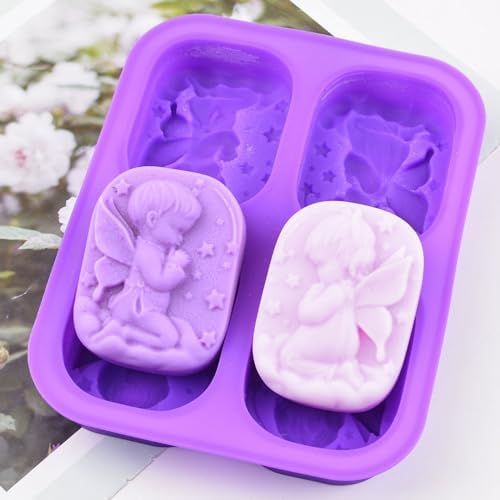 WANDIC 1 Piece Angel Silicone Soap Mold, 4-Cavity 3D Angel Candy Chocolate Making Mold Homemade Candle Drip Glue Mold Gypsum Making Supplies for DIY Crafts