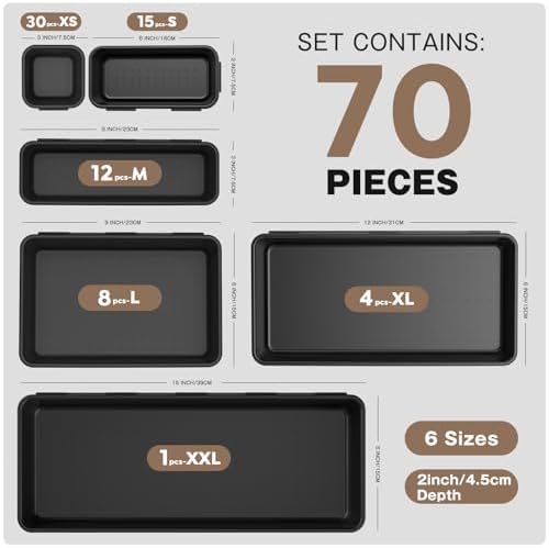 A-LUGEI【70】【6 Size】Tool Box Organizer Tray Divider Set, 【Black】 Desk Drawer Organizer, Garage Organization and Storage Toolbox Accessories Rolling Tool Chest Cart Cabinet WorkBench Small Part