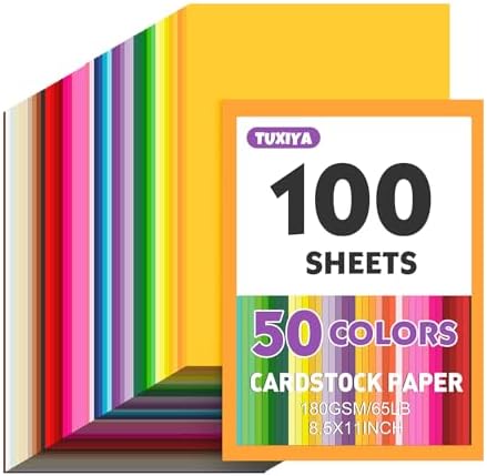 TUXIYA 100 Sheets 8.5" X 11" Colored Cardstock, 50 Colors Card Stock | 50 Assorted Colors Construction Paper Printer Paper for Printing, Card Making, DIY Crafts, School Supplies,Party 180GSM/65LB