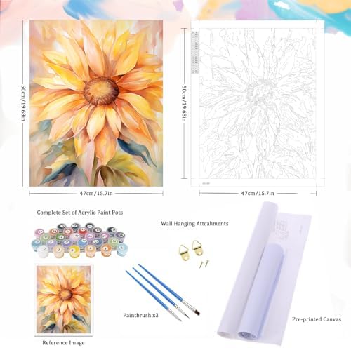 Natuyalo Paint by Numbers Kit for Adults - Sunflower DIY Adult Paint by Number Kits Flowers Acrylic Canvas Painting for Adults Beginners Kids Art Crafts Without Frame, 16x20 Inch