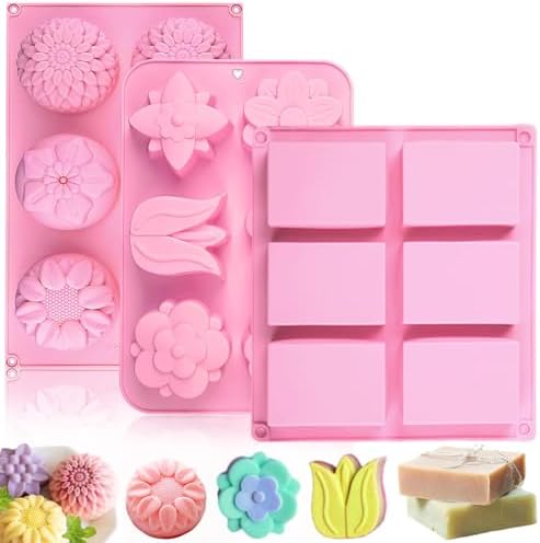 3 Pack Silicone Soap Molds,Flowers&Rectangular shape Soap Mold for Soap Making,Great for Handmade Soaps,Lotion Bars,Chocolate,Moon Cake