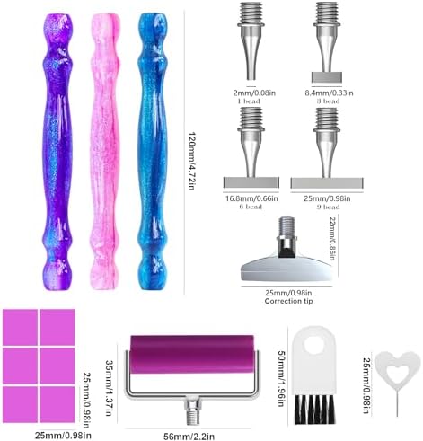 ZYNYXY 17PCS Ergonomic Diamond Art Pen Kits, with Multifunctional Metal Stainless Steel Screw Thin 1, 3, 6, 9, Tips, Correction Placers Roller Accessories(A-Purple + Pink + Blue+ 5 PCS Tips)