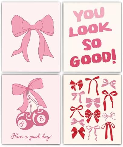 XUNLURY Pink Preppy Girly Diamond Art Kits 4 Pcs, Coquette Bow Cherry Lucky 8 Ball Diamond Painting Kits for Adults Girls Beginners, Full Drill Diamonds Dots for Home Decor, 9.8x11.8 Inch