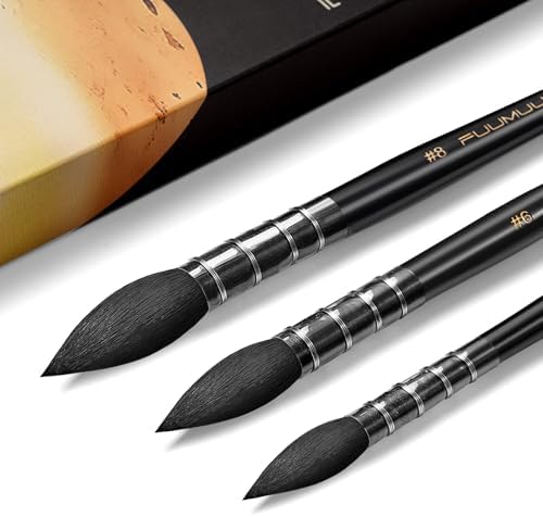 Watercolor Brushes Set, 3Pcs Fuumuui Round Quill Mop Fine Tips Watercolor Paint Brush, Soft Synthetic Squirrel Bristles, Short Handles for Watercolor Gouache Ink Painting - Sizes #2 6 8